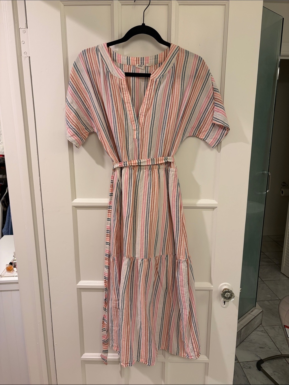 GAP Pink Multi-Stripe Maxi Dress with Tie Waist